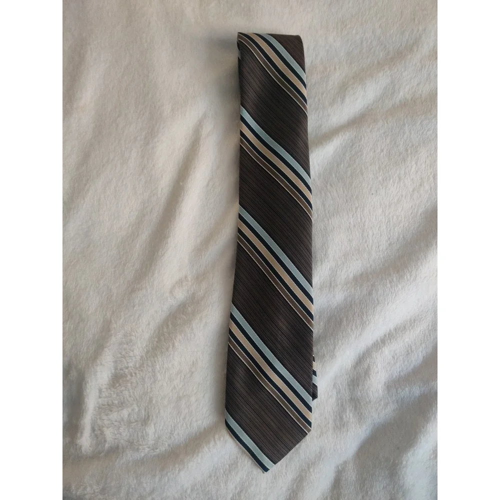 Prince Ferrara Milan Roma Mens Brown Blue Striped Polyester Necktie Tie